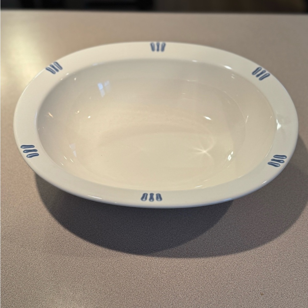 Pfaltzgraff USA Oval Baking Dish 11” White Stoneware Blue Dash Rim
